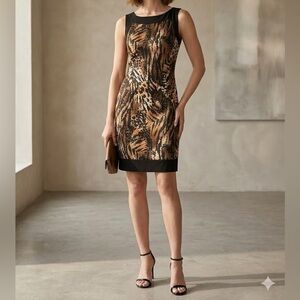 AB Studio Animal Print Mini Dress Women Sz 8 Sleeveless Stretch Leopard Tiger